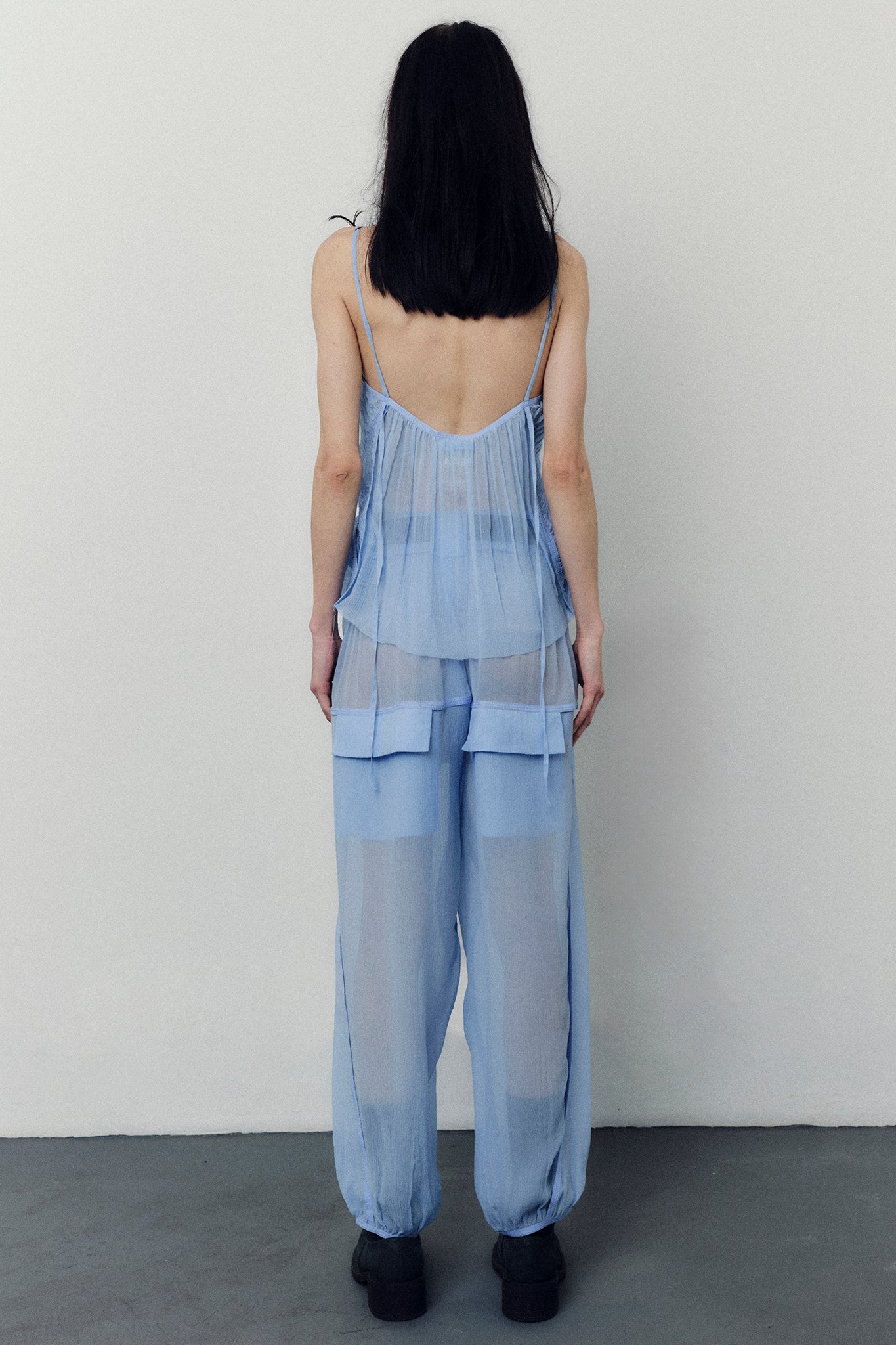 Calça Balloon Franzida em Seda - Azul