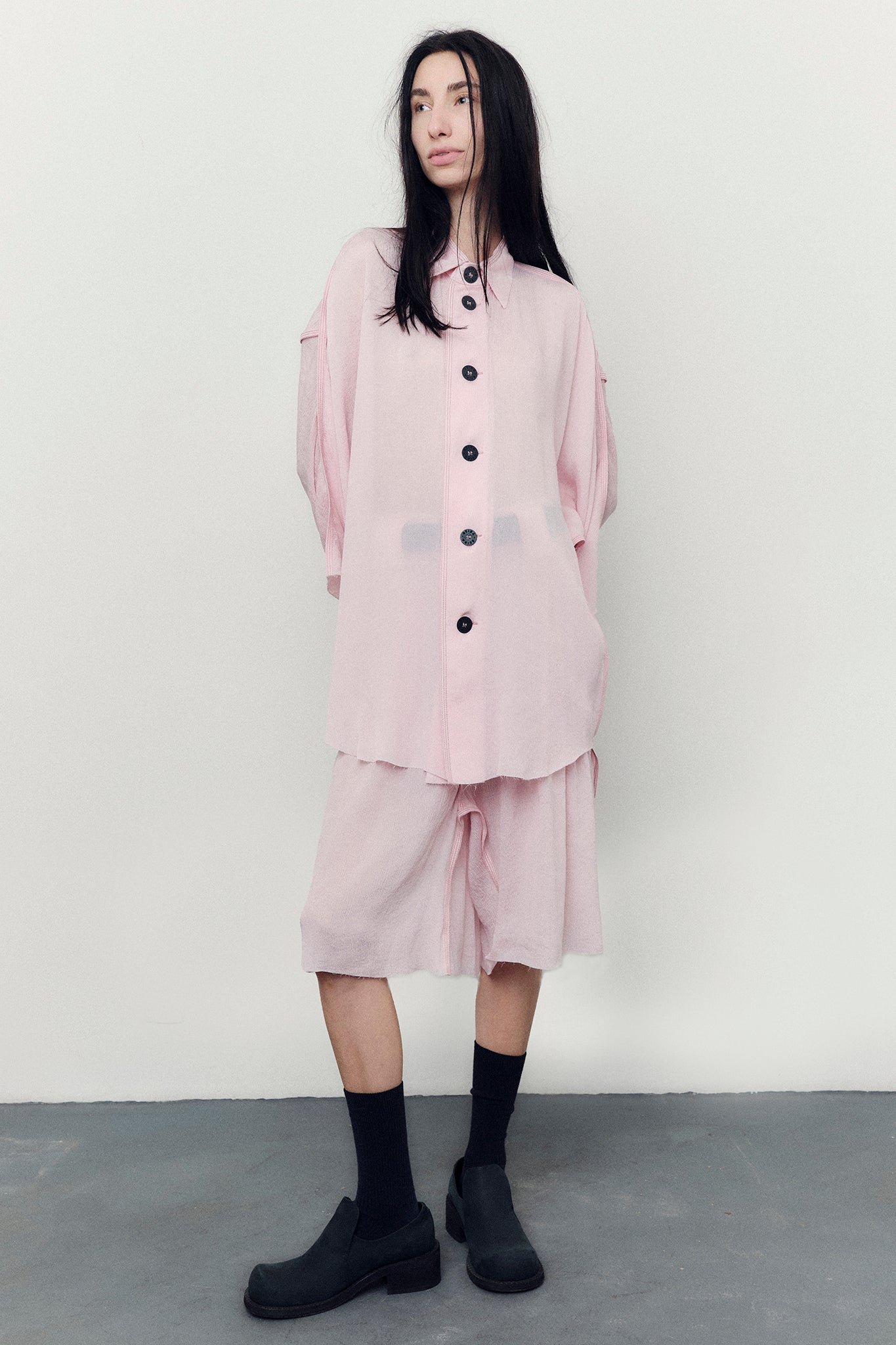 Camisa Oversized em Seda Texturizada - Rosa Pêssego