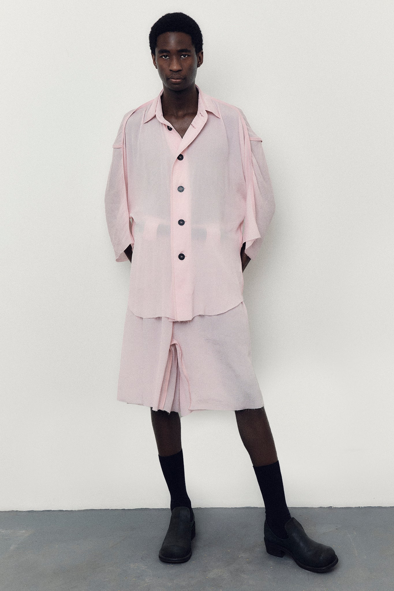 Bermuda com Franzidos em Seda Texturizada - Rosa Pêssego