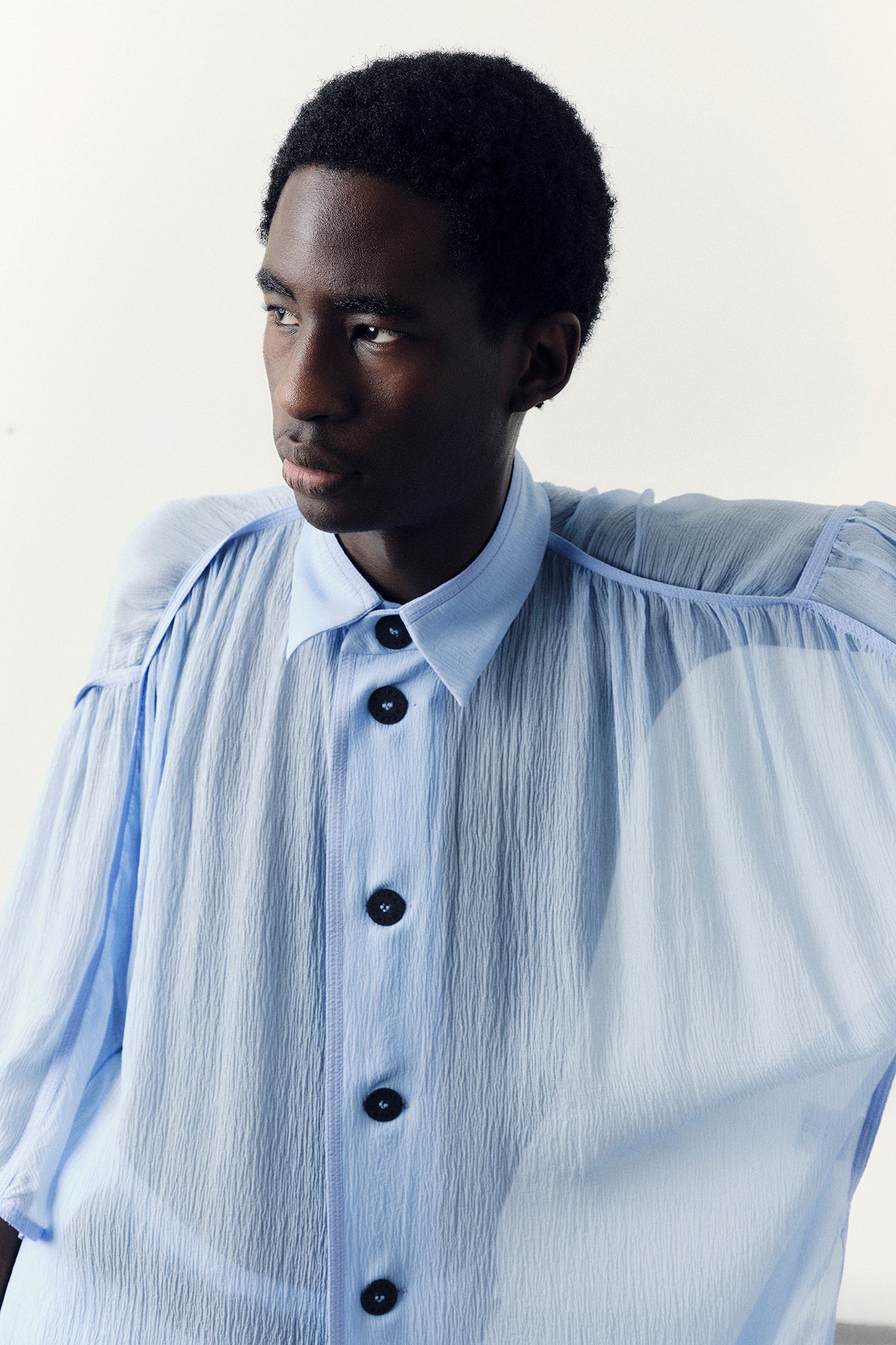 Camisa Oversized Franzida em Seda - Azul