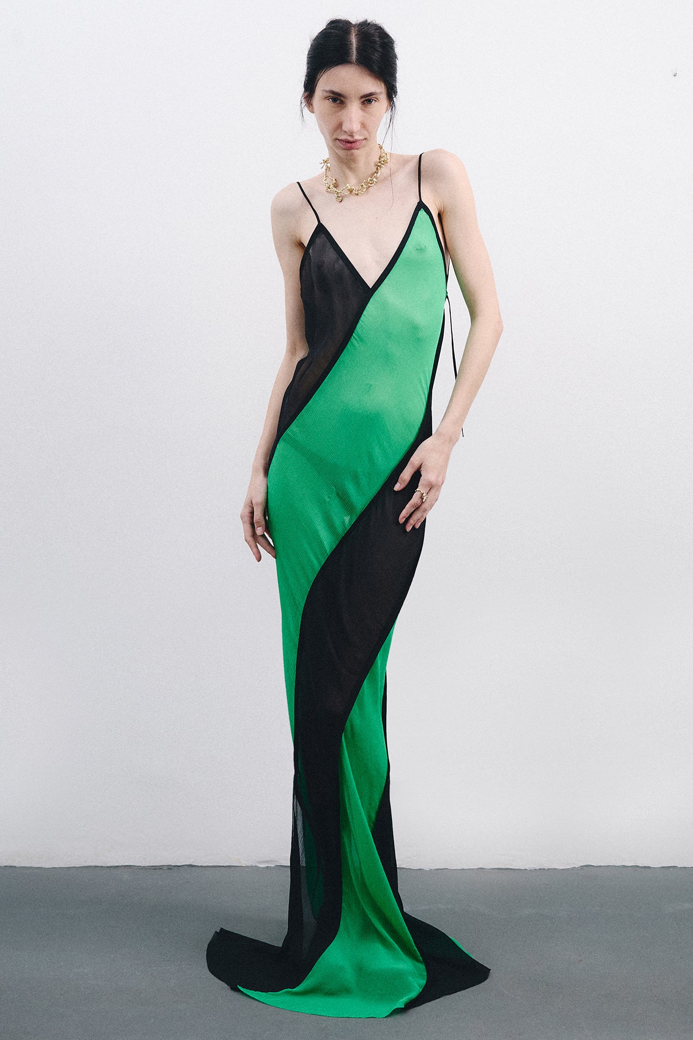 Vestido Espiral em Seda Chiffon - Preto&Verde