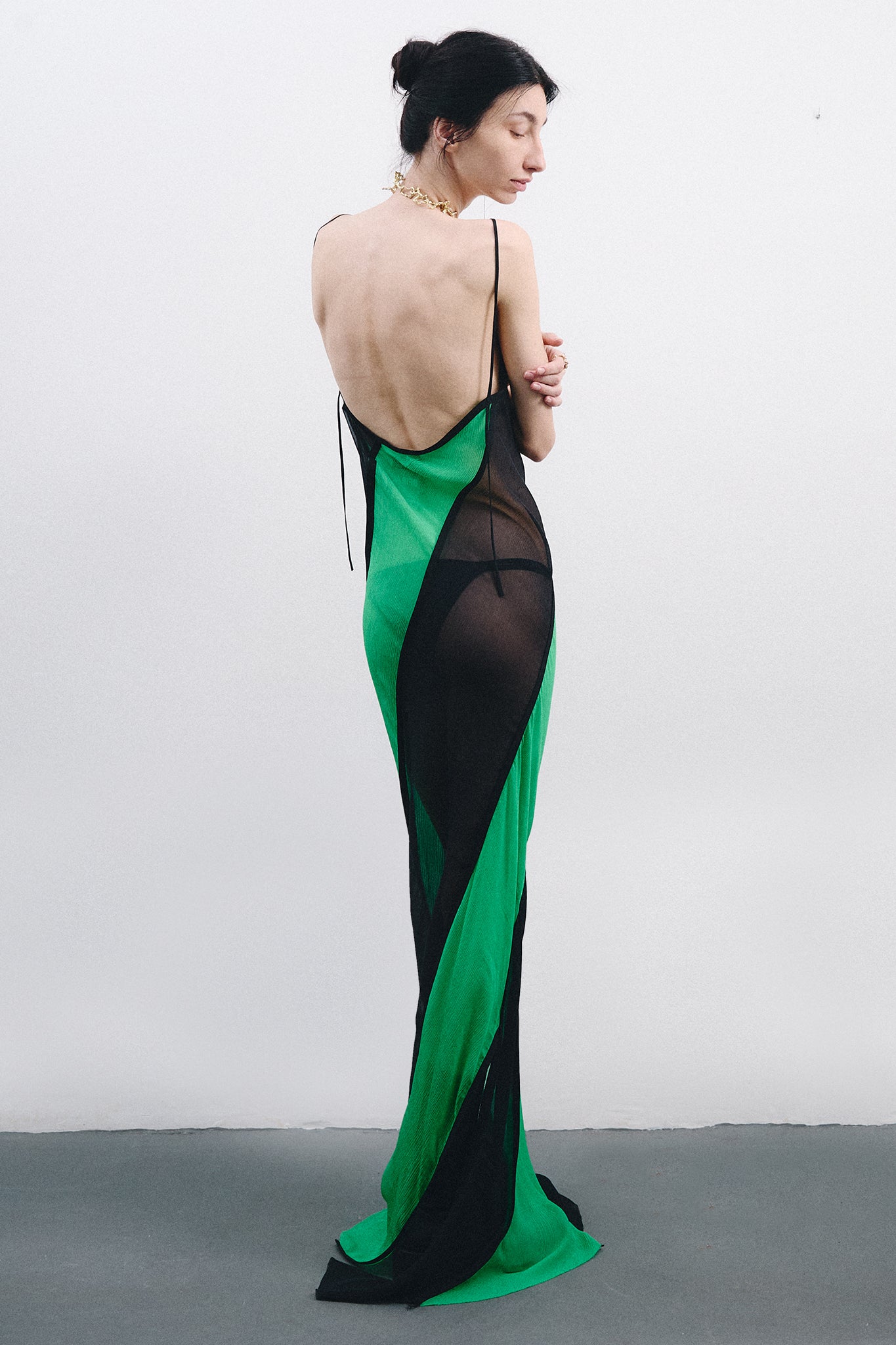 Vestido Espiral em Seda Chiffon - Preto&Verde