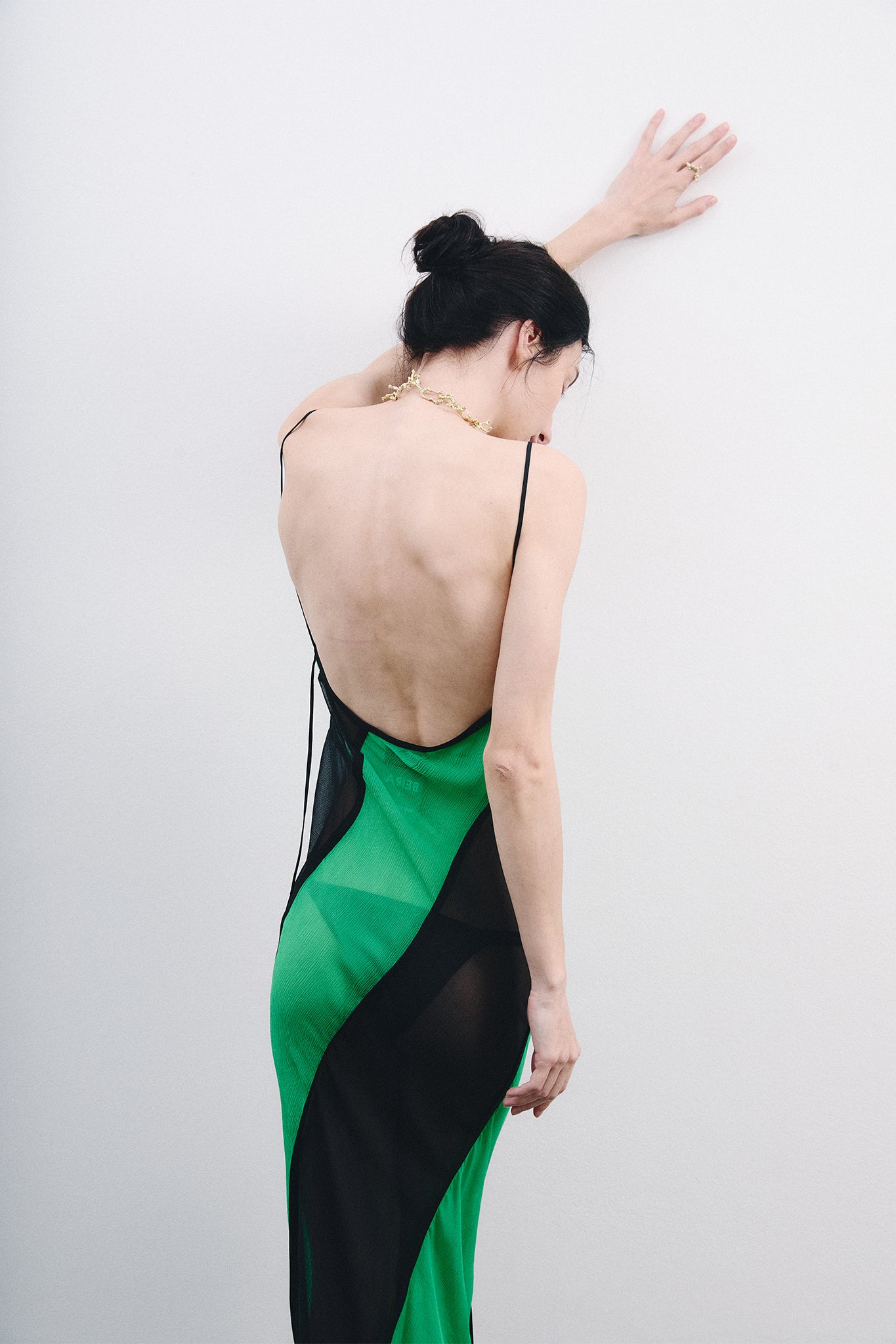 Vestido Espiral em Seda Chiffon - Preto&Verde