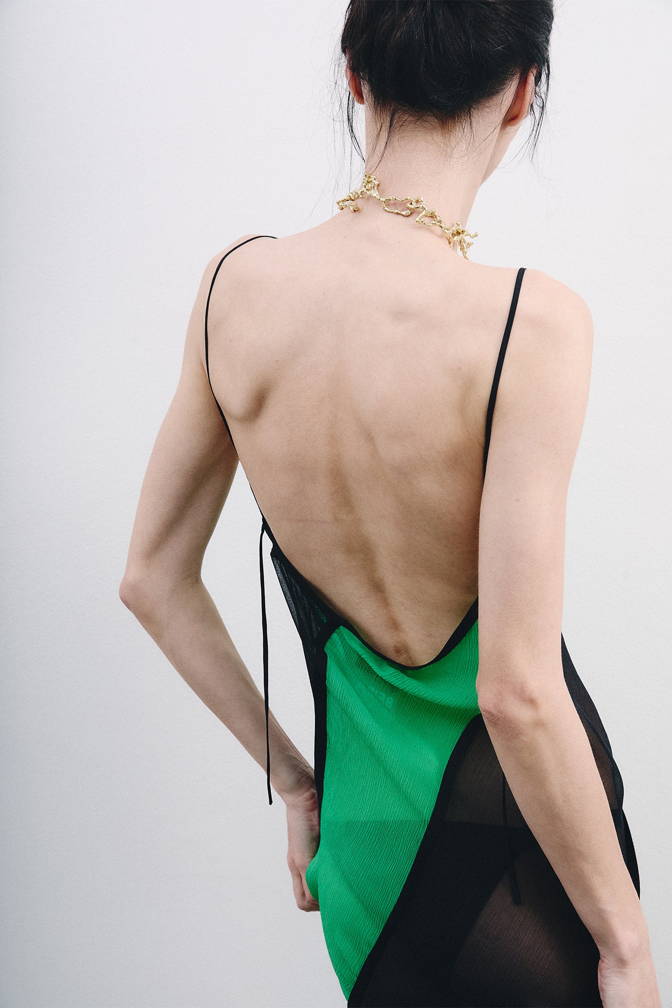 Vestido Espiral em Seda Chiffon - Preto&Verde