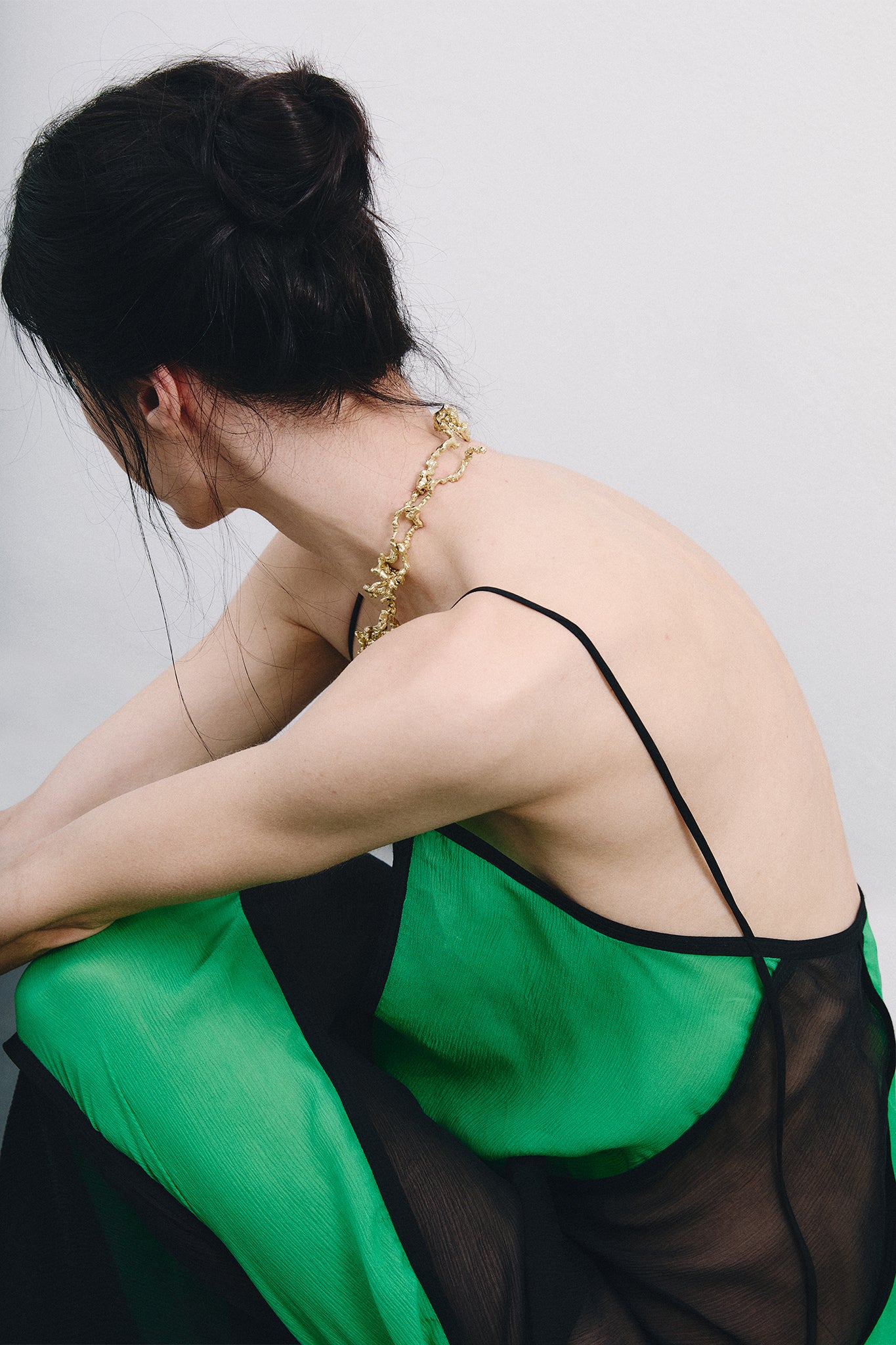 Vestido Espiral em Seda Chiffon - Preto&Verde