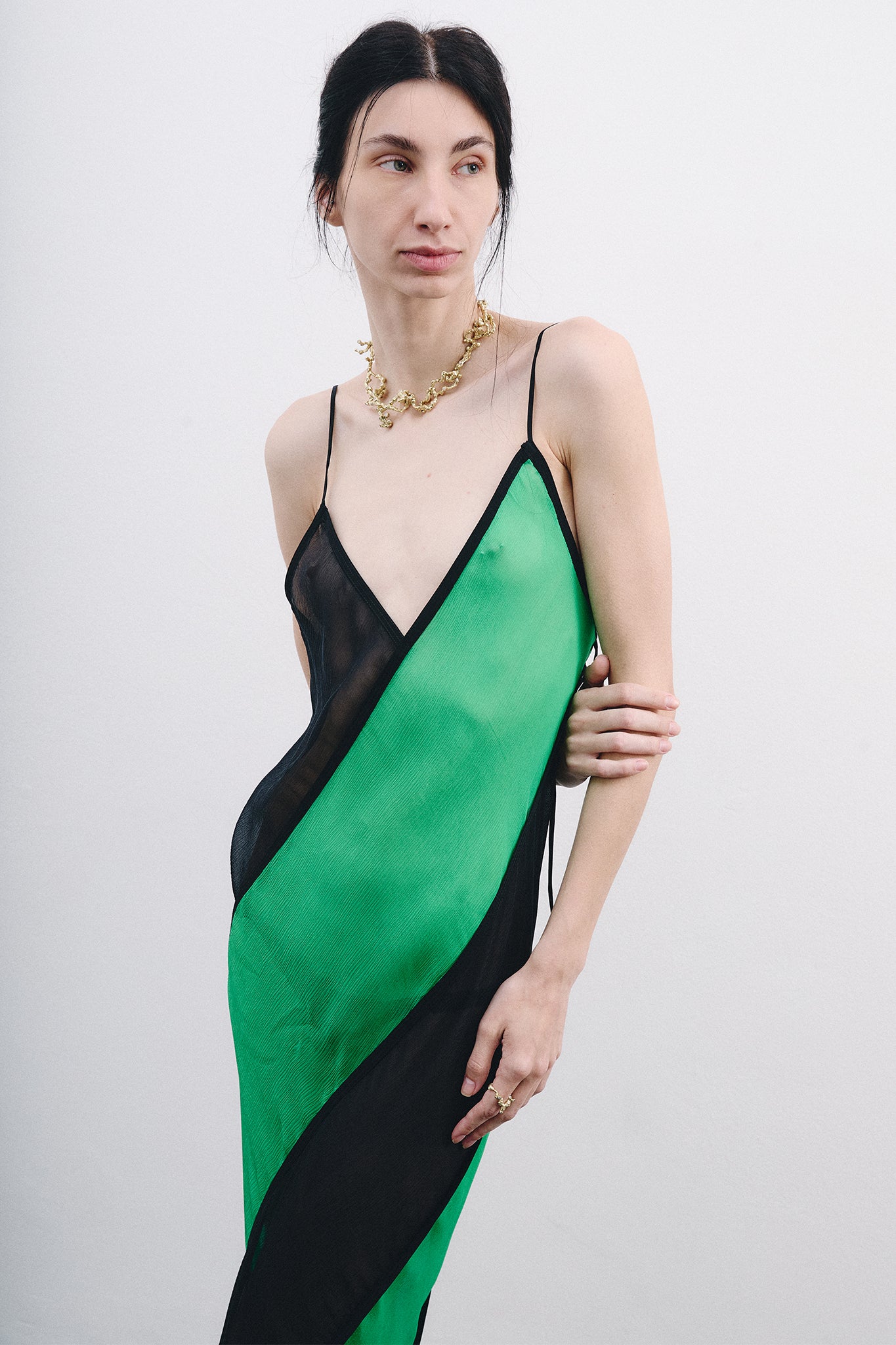 Vestido Espiral em Seda Chiffon - Preto&Verde