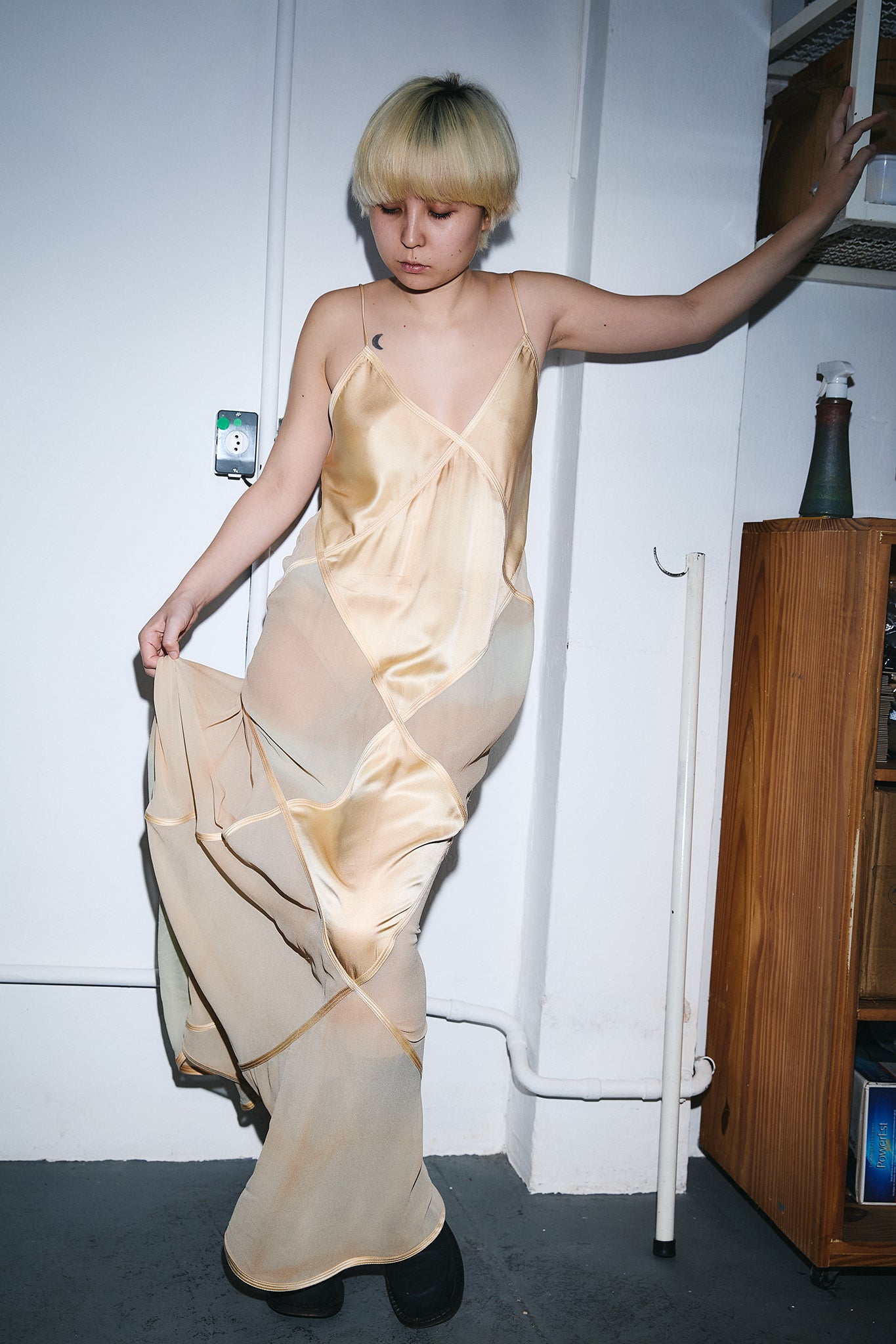Vestido Seda Losangos com Cauda - Champanhe