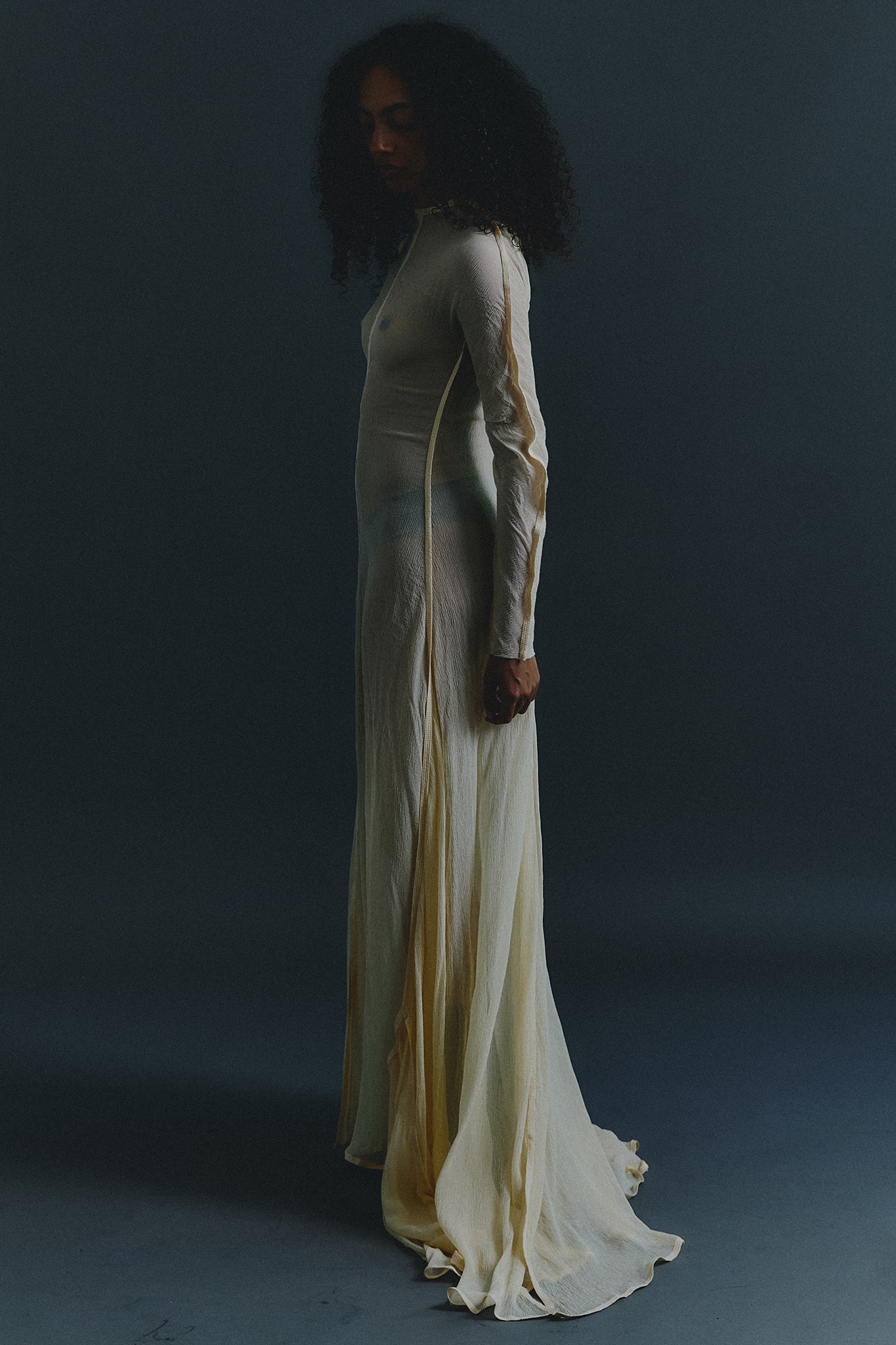 Maxi Vestido Silhueta com Cauda de Seda Chiffon - Marfim