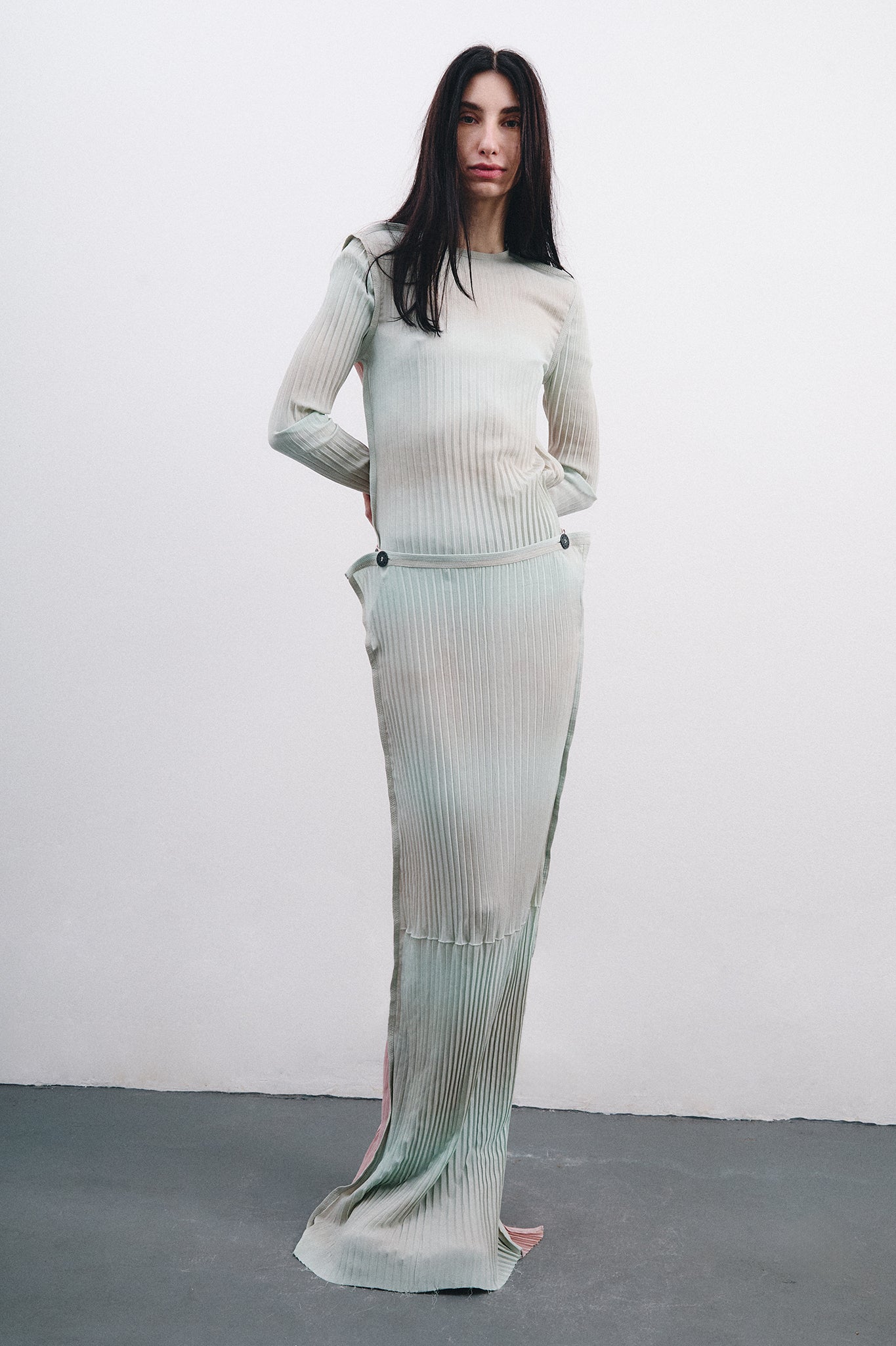 Saia Lápis Longa em Seda Plissada - Azul&Rosa