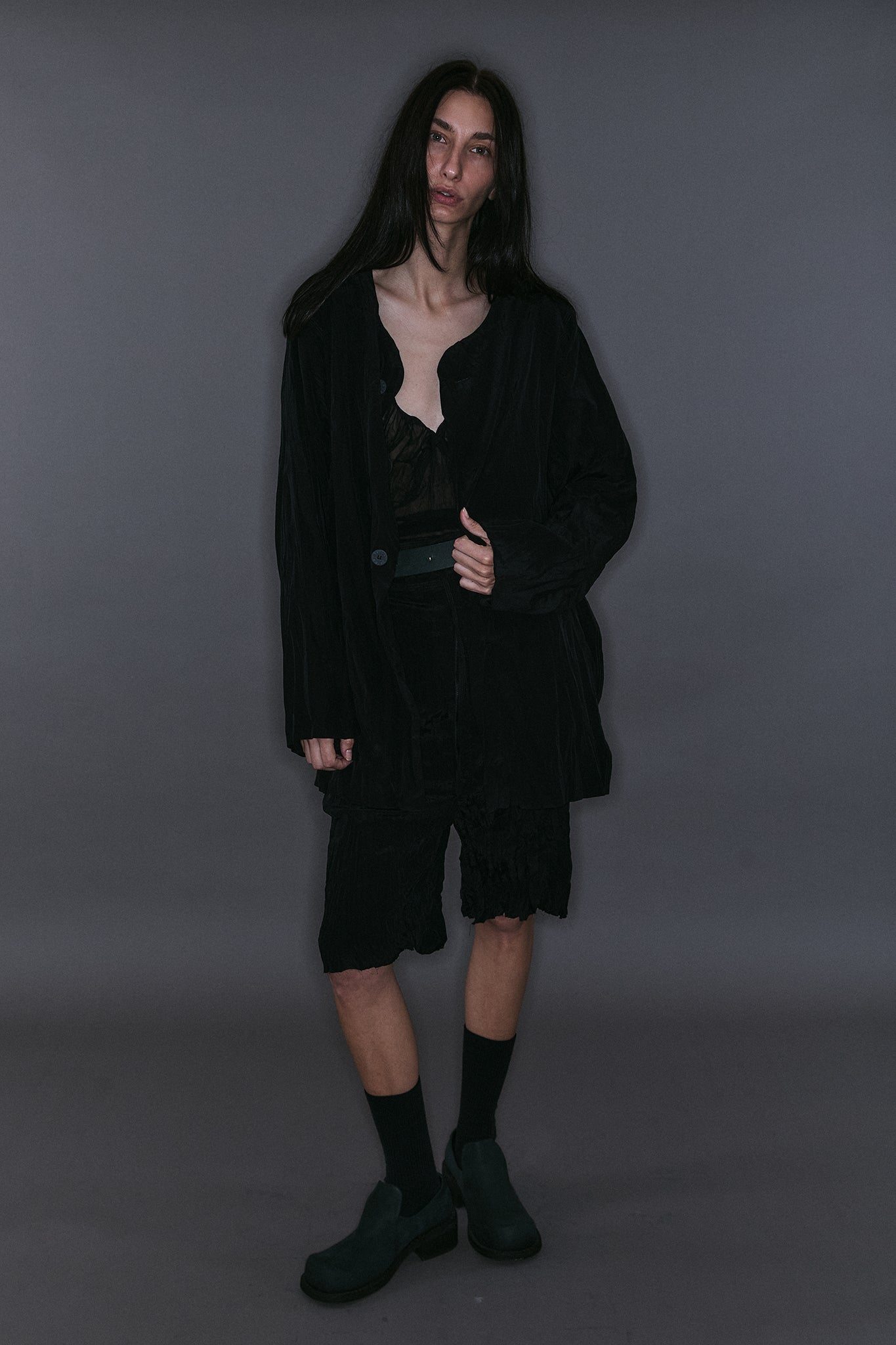 Blazer Plissado com Abotoamento Simples - Preto