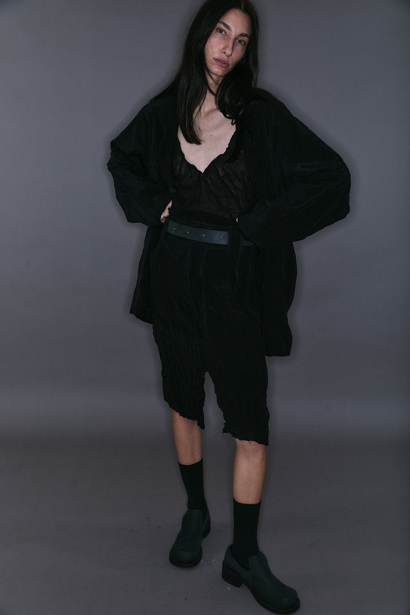 Blazer Plissado com Abotoamento Simples - Preto