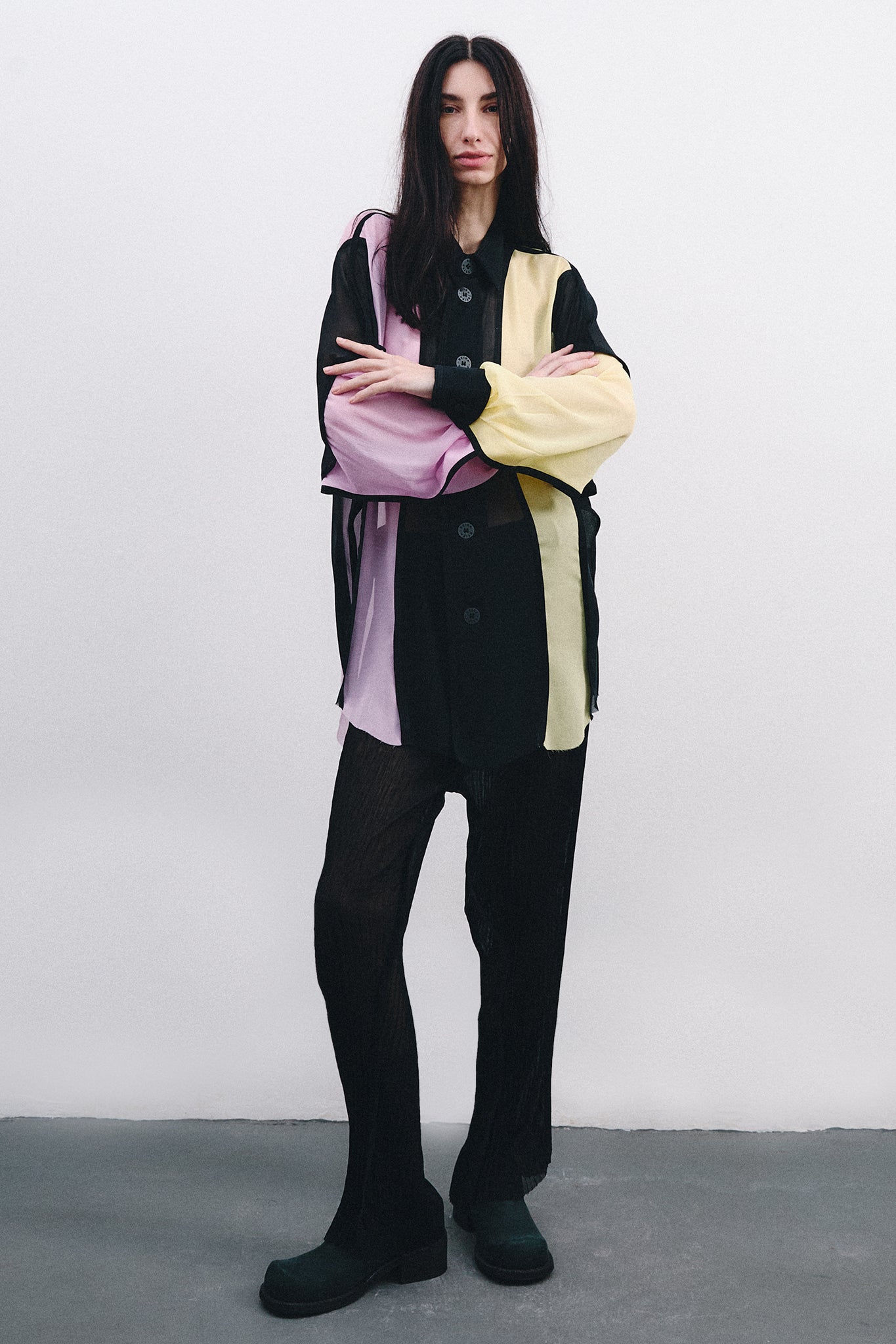 Camisa Manga Longa em Seda - Preto&Rosa&Amarelo