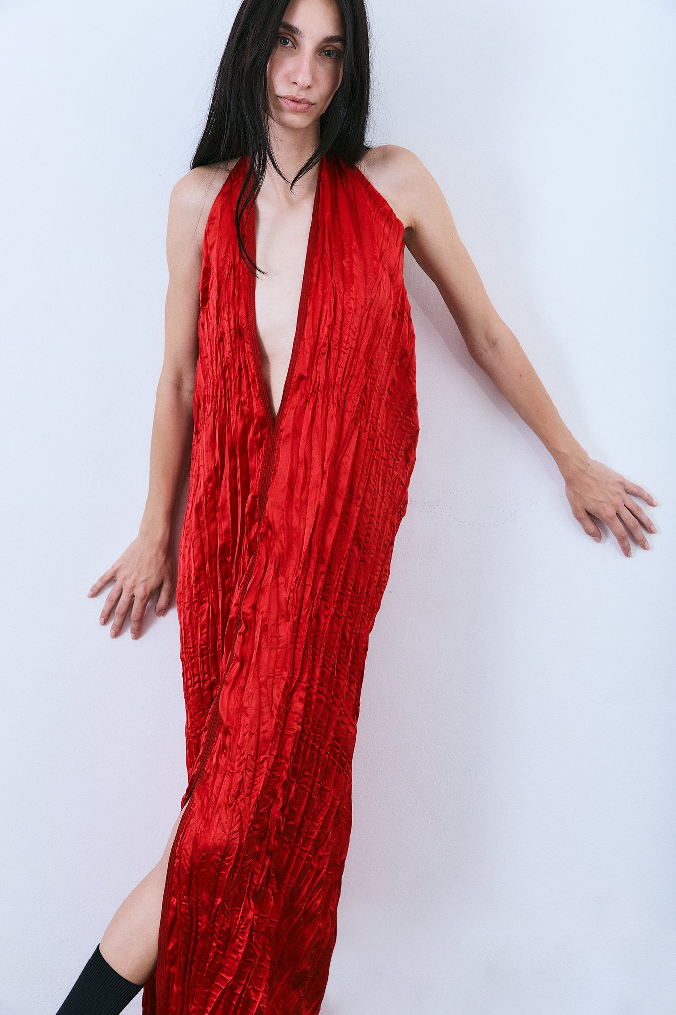 Vestido Frente Única Bufante Plissado - Vermelho