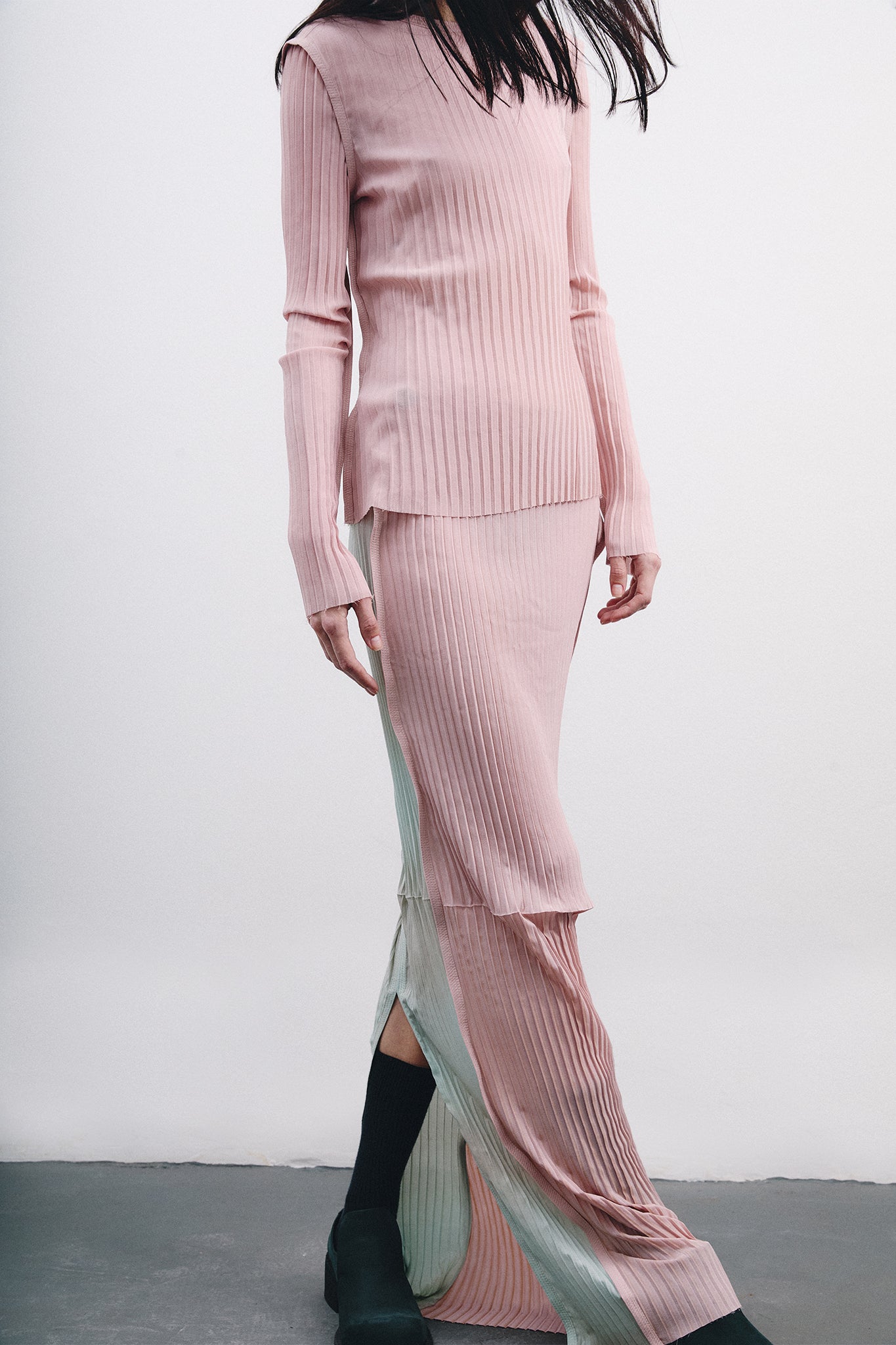 Saia Lápis Longa em Seda Plissada - Rosa&Azul