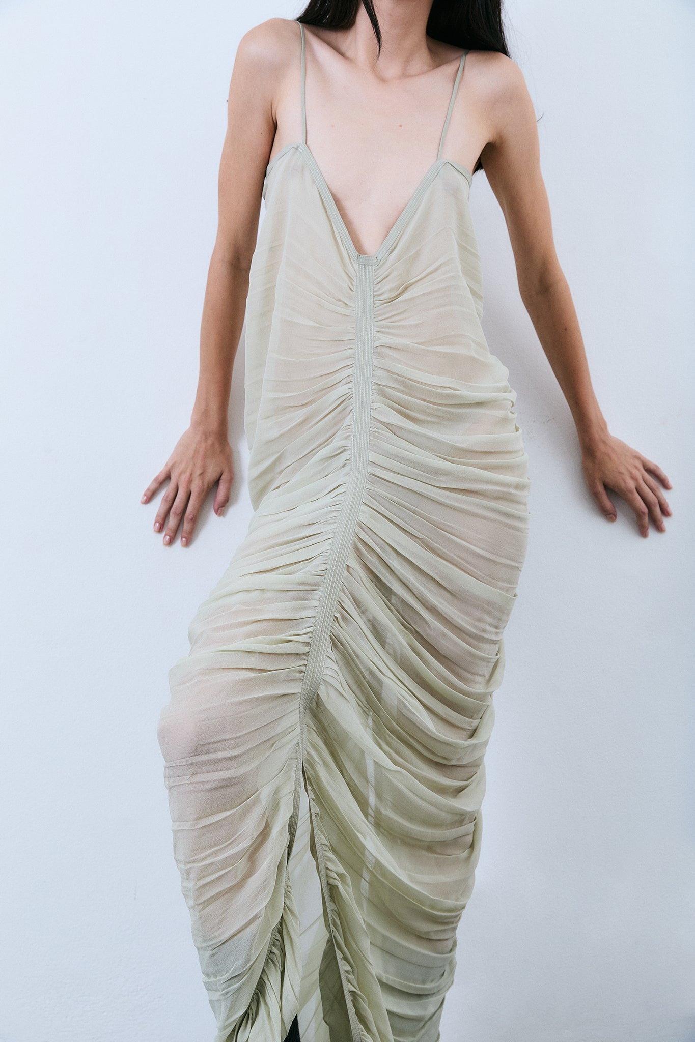 Vestido Sereia em Seda Drapeada - Verde Claro