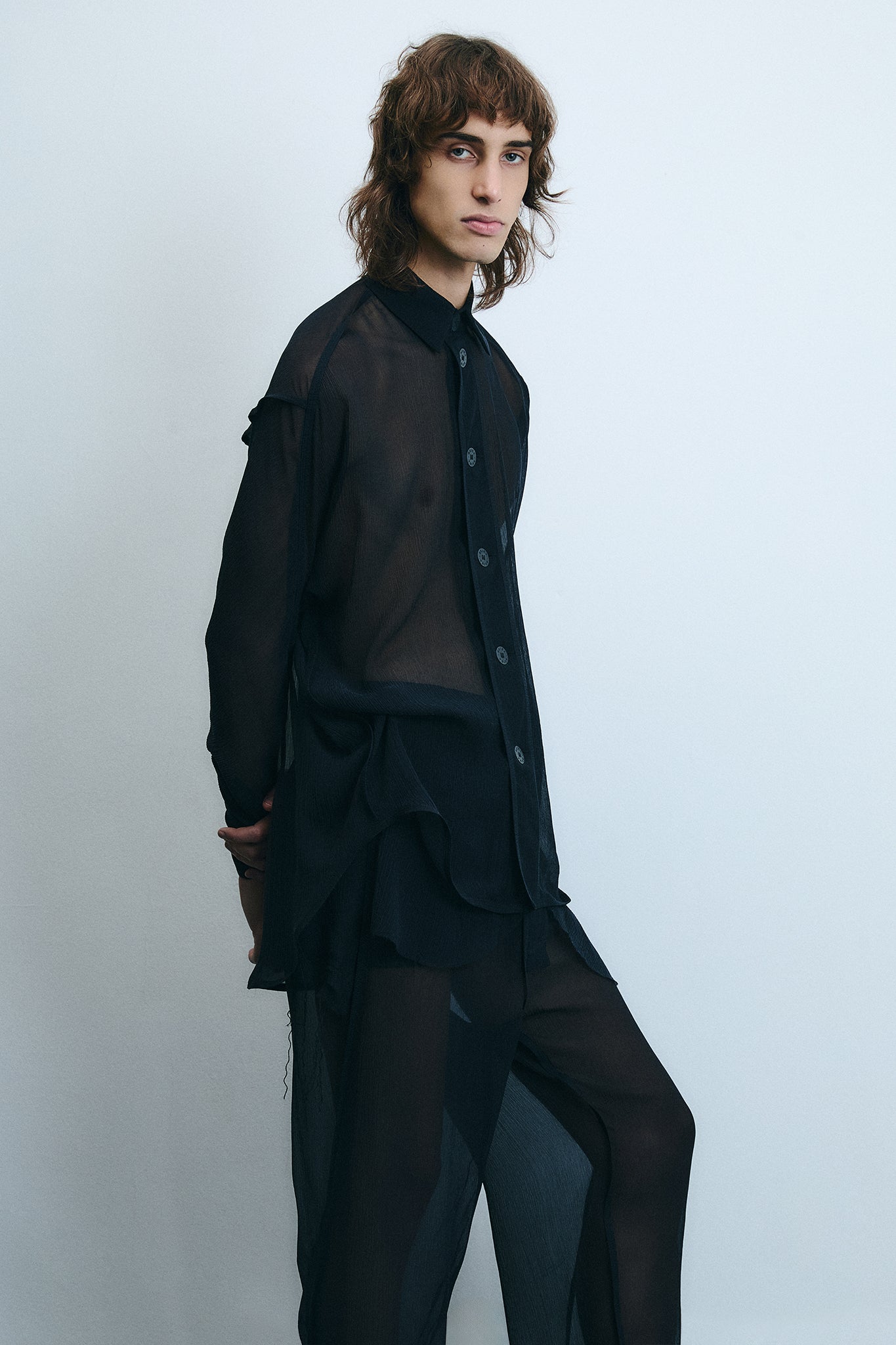 Camisa Pirata em Seda Chiffon - Preto