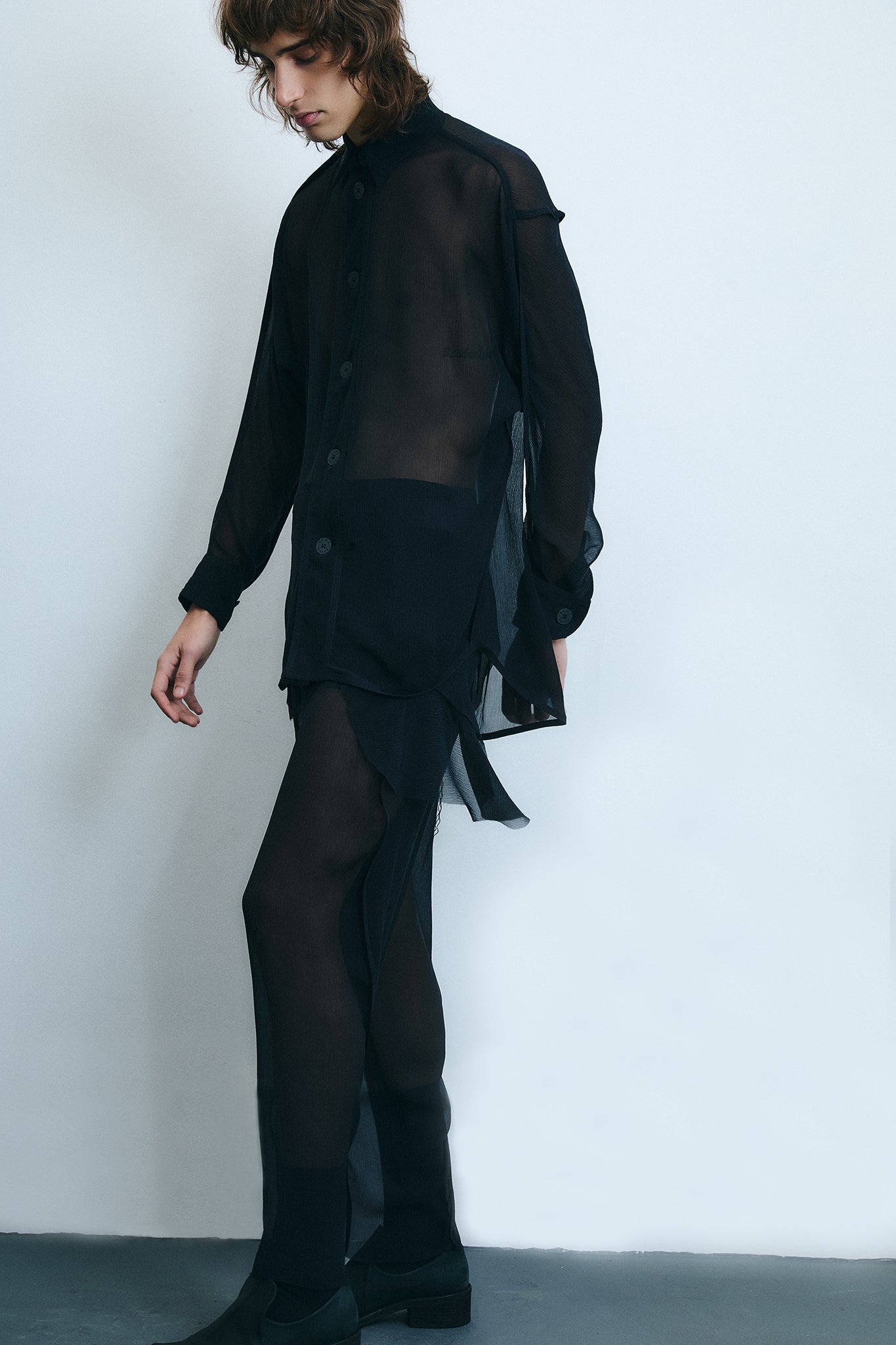 Camisa Pirata em Seda Chiffon - Preto