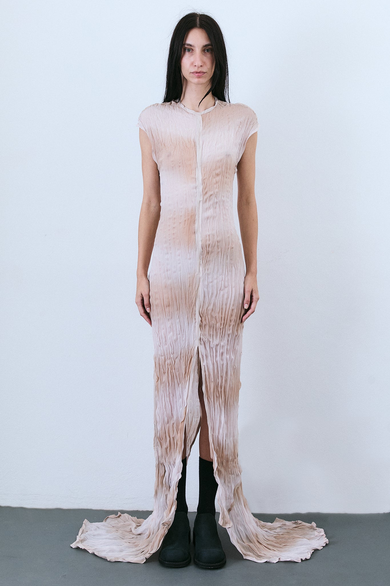 Vestido Manga Japonesa de Seda Plissada - Lilás Tingido