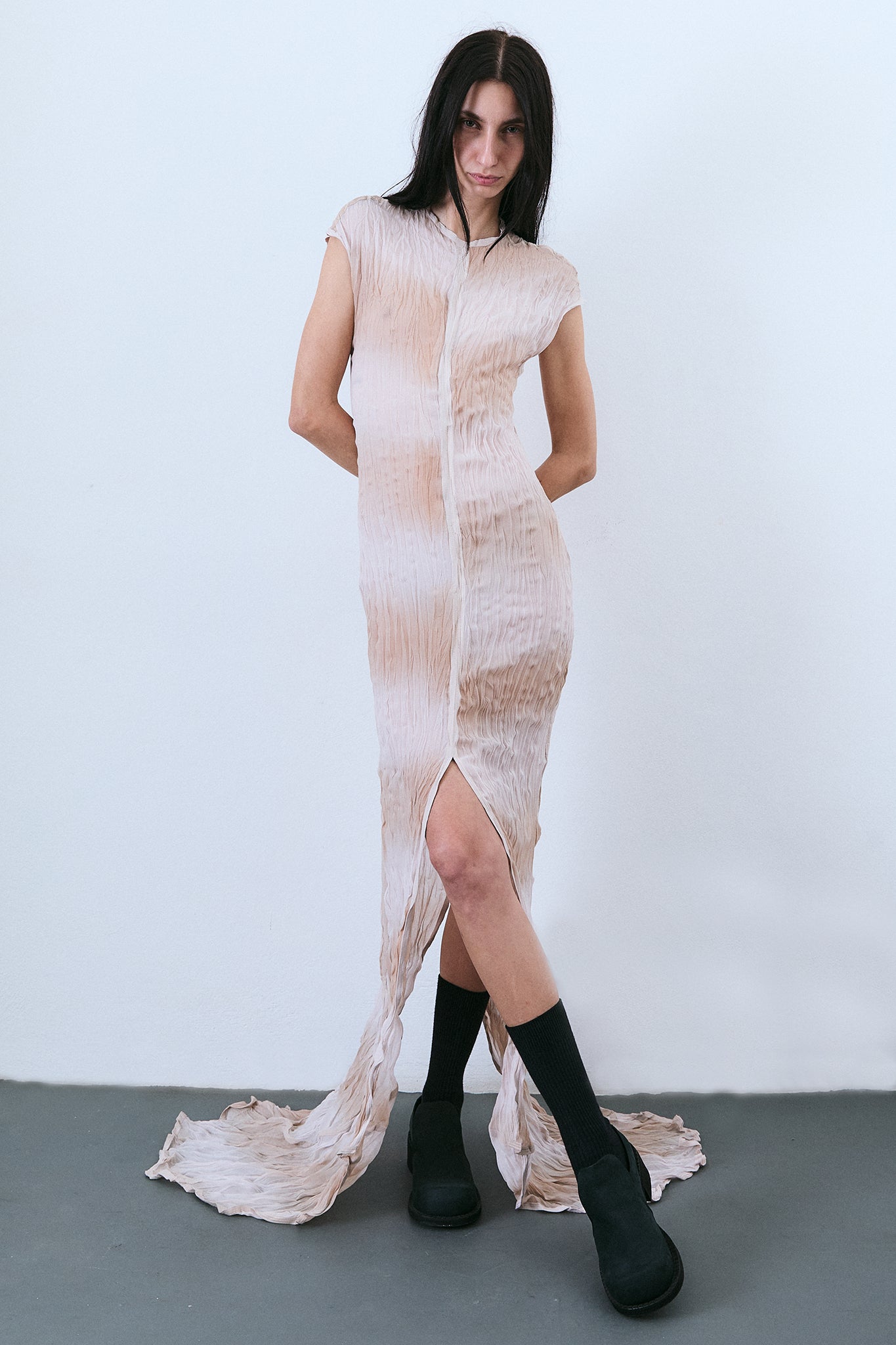 Vestido Manga Japonesa de Seda Plissada - Lilás Tingido