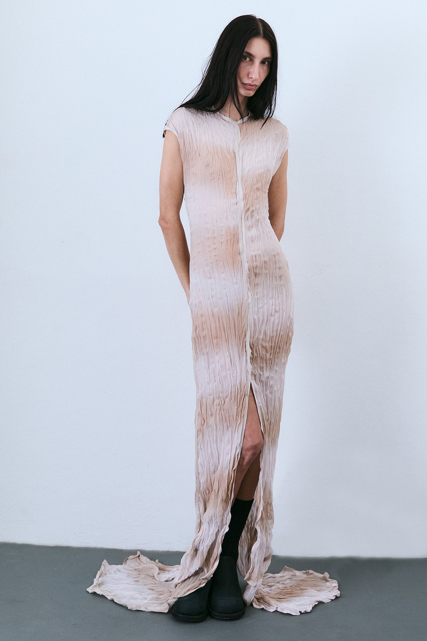 Vestido Manga Japonesa de Seda Plissada - Lilás Tingido