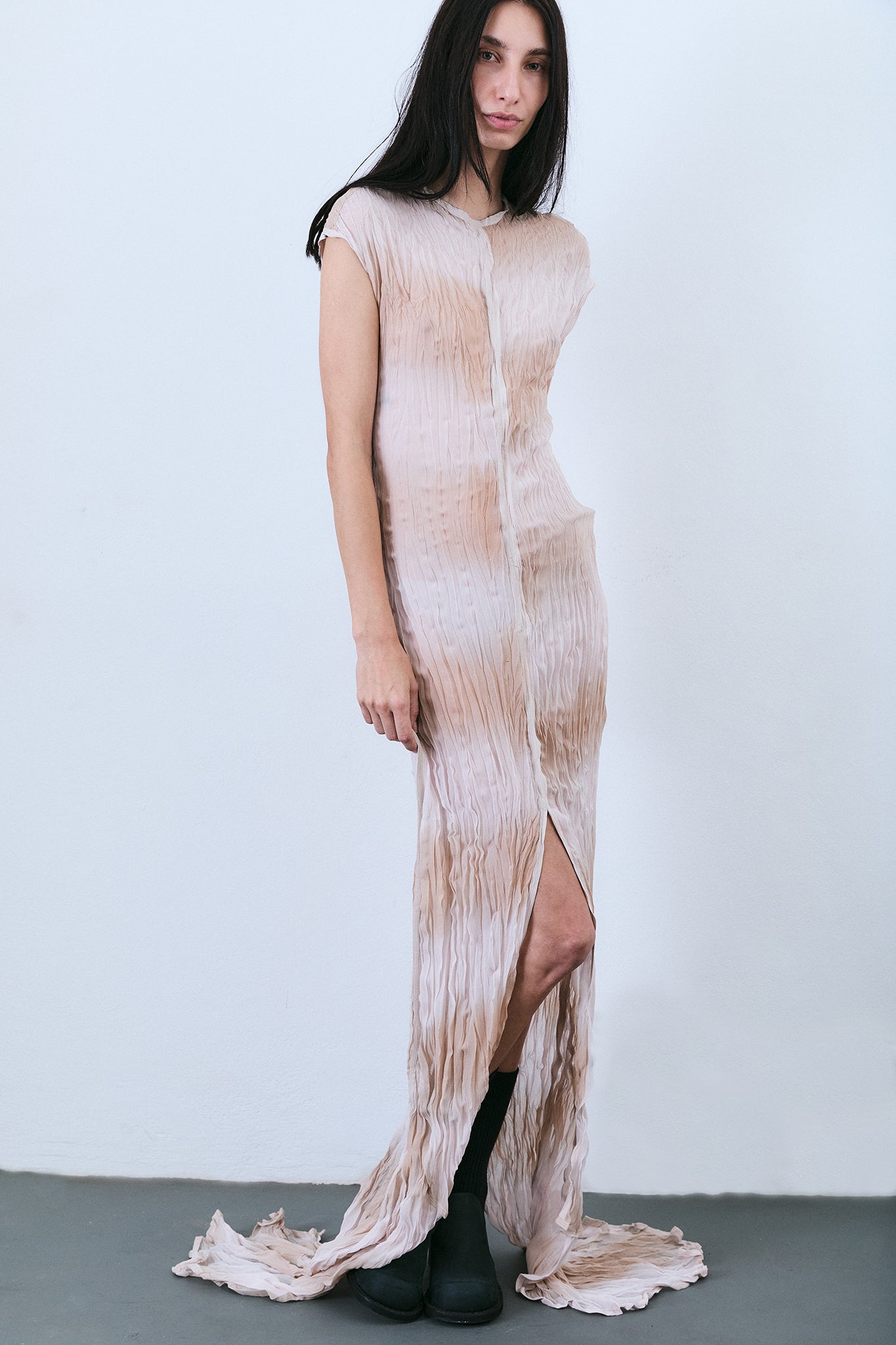 Vestido Manga Japonesa de Seda Plissada - Lilás Tingido