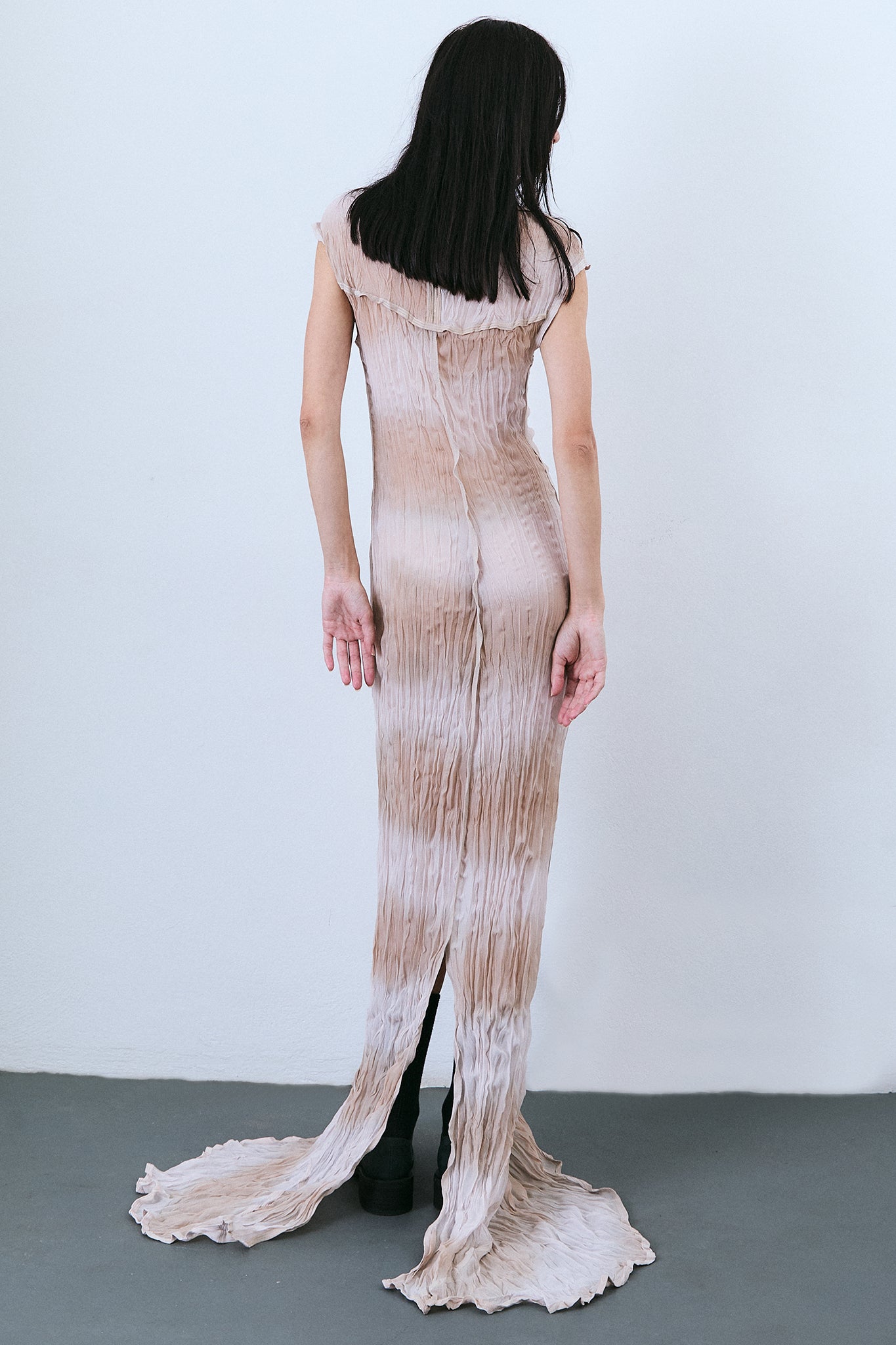 Vestido Manga Japonesa de Seda Plissada - Lilás Tingido