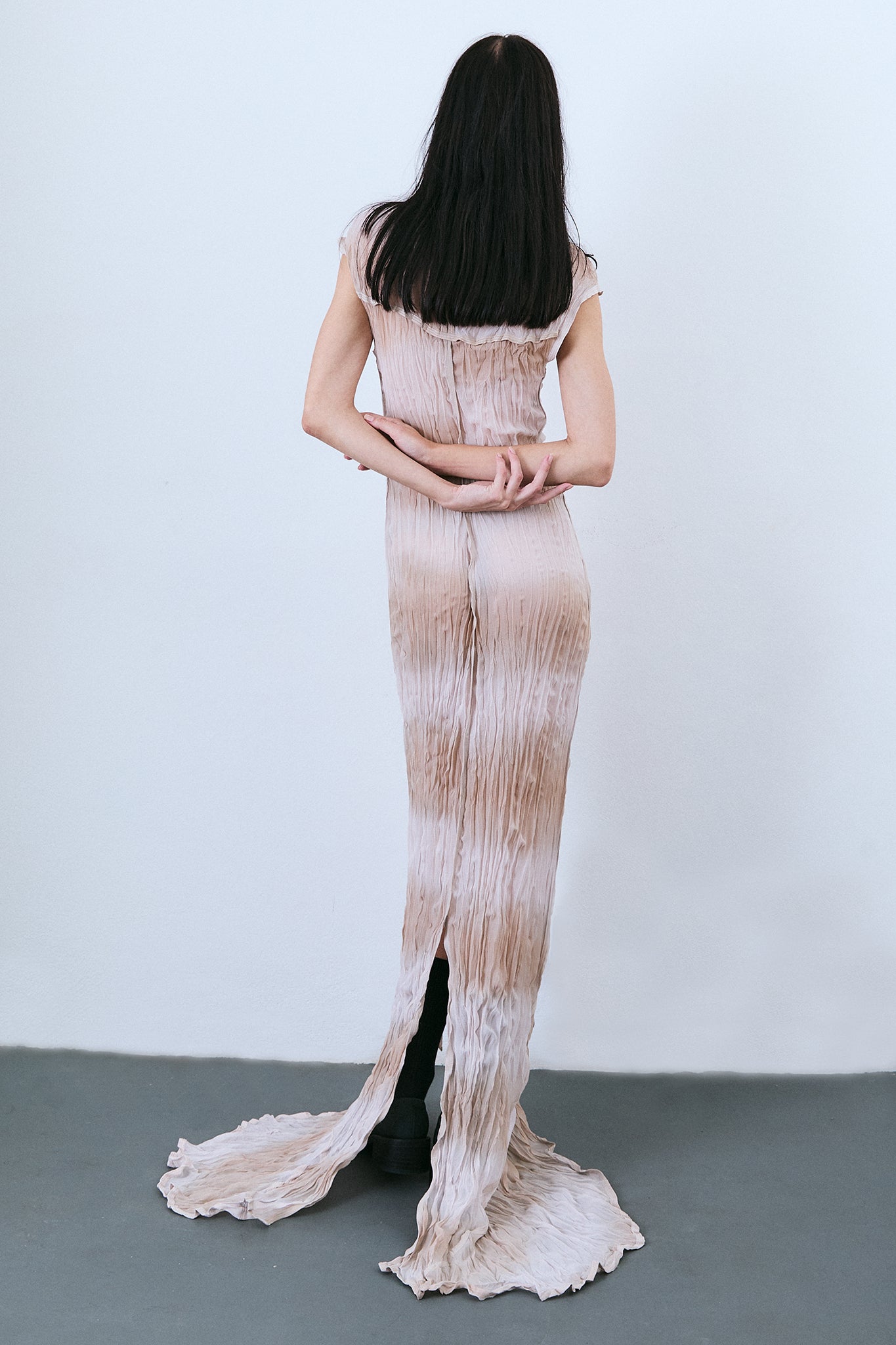 Vestido Manga Japonesa de Seda Plissada - Lilás Tingido