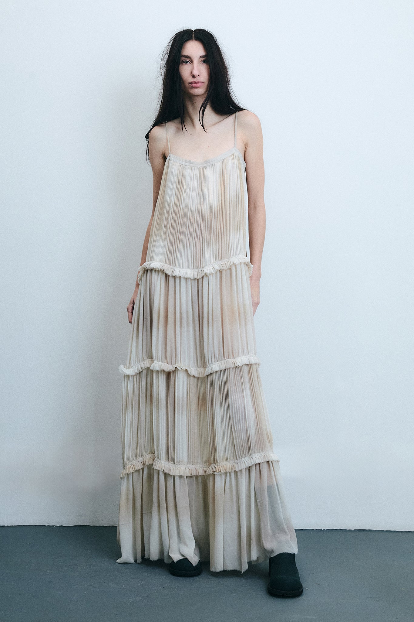 Vestido de Seda em Camadas - Branco Tingido