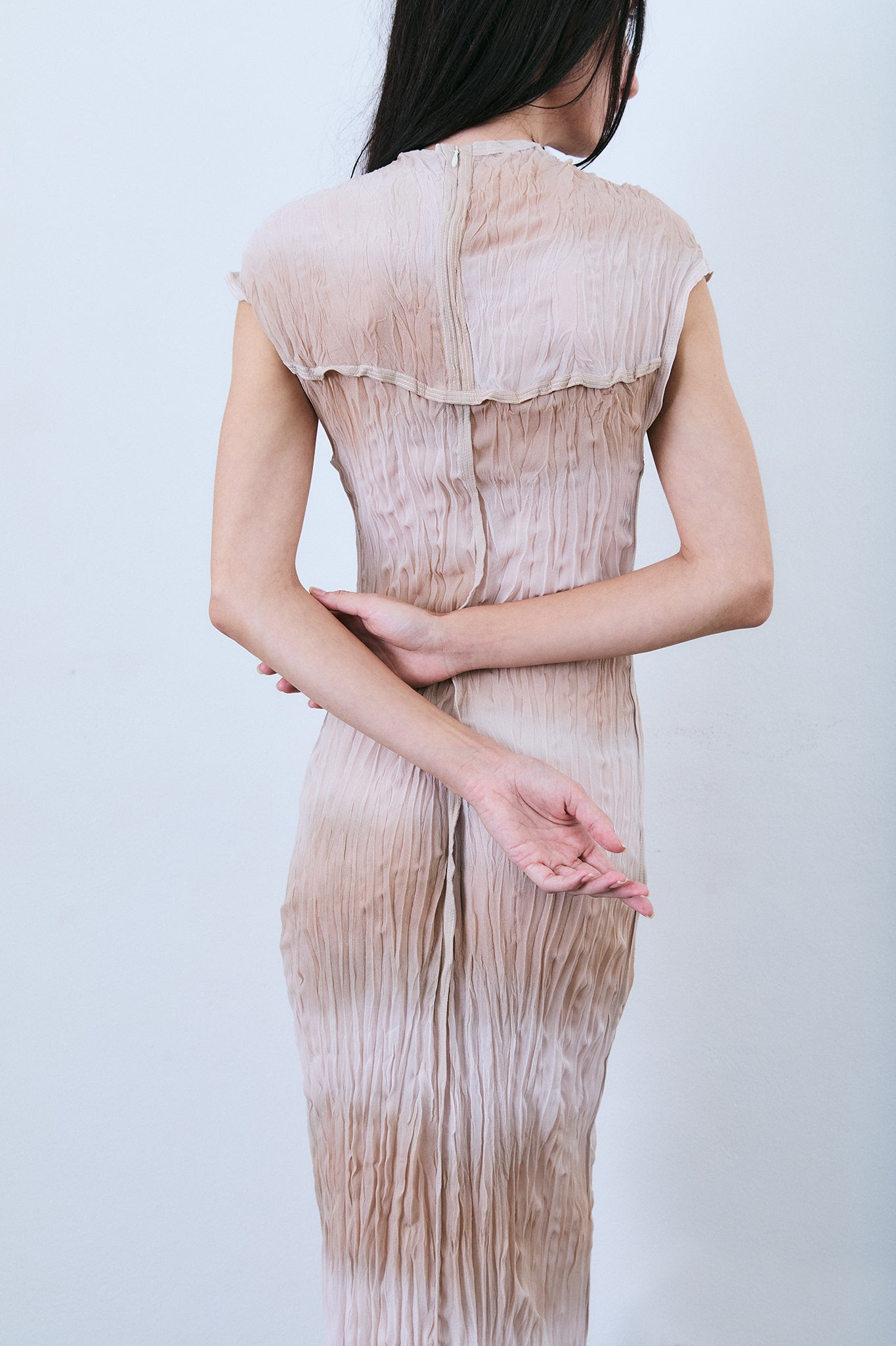 Vestido Manga Japonesa de Seda Plissada - Lilás Tingido