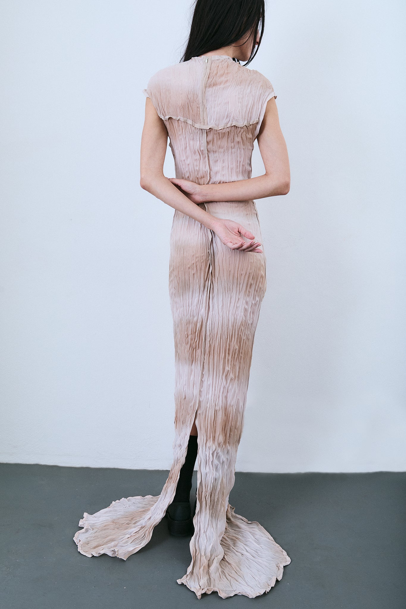 Vestido Manga Japonesa de Seda Plissada - Lilás Tingido