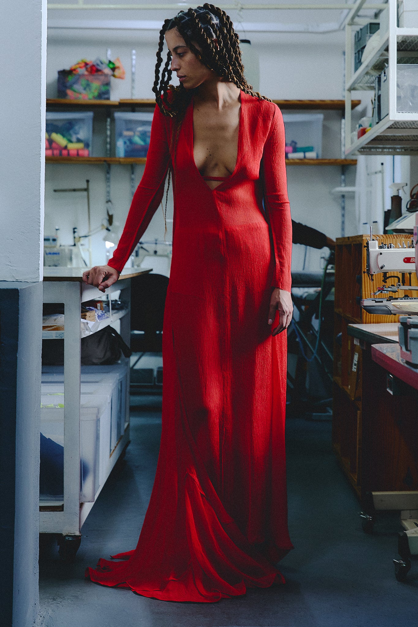 Maxi Vestido com Cauda de Seda Chiffon - Vermelho