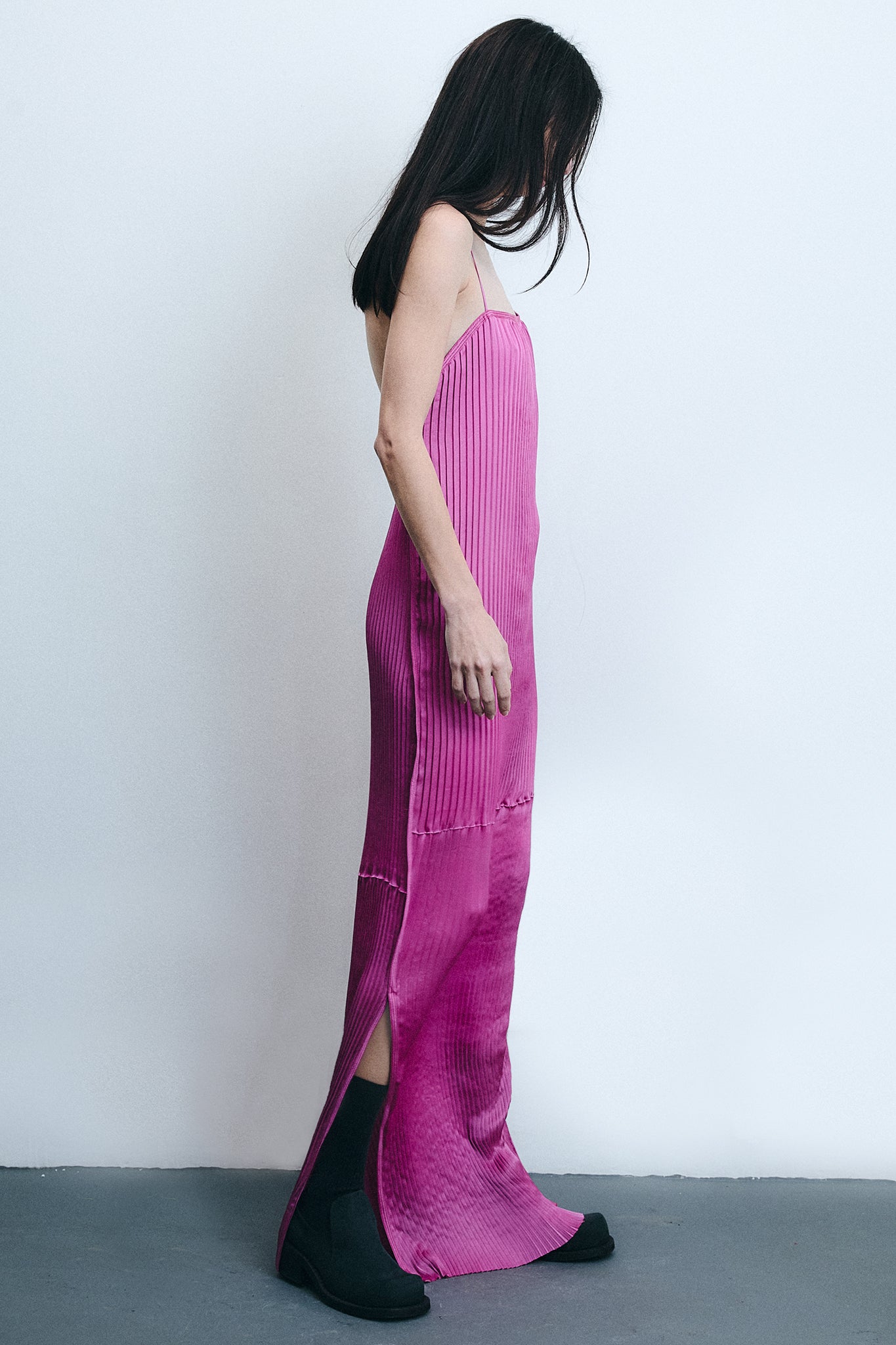 Vestido Plissado Sanfona em Seda - Rosa