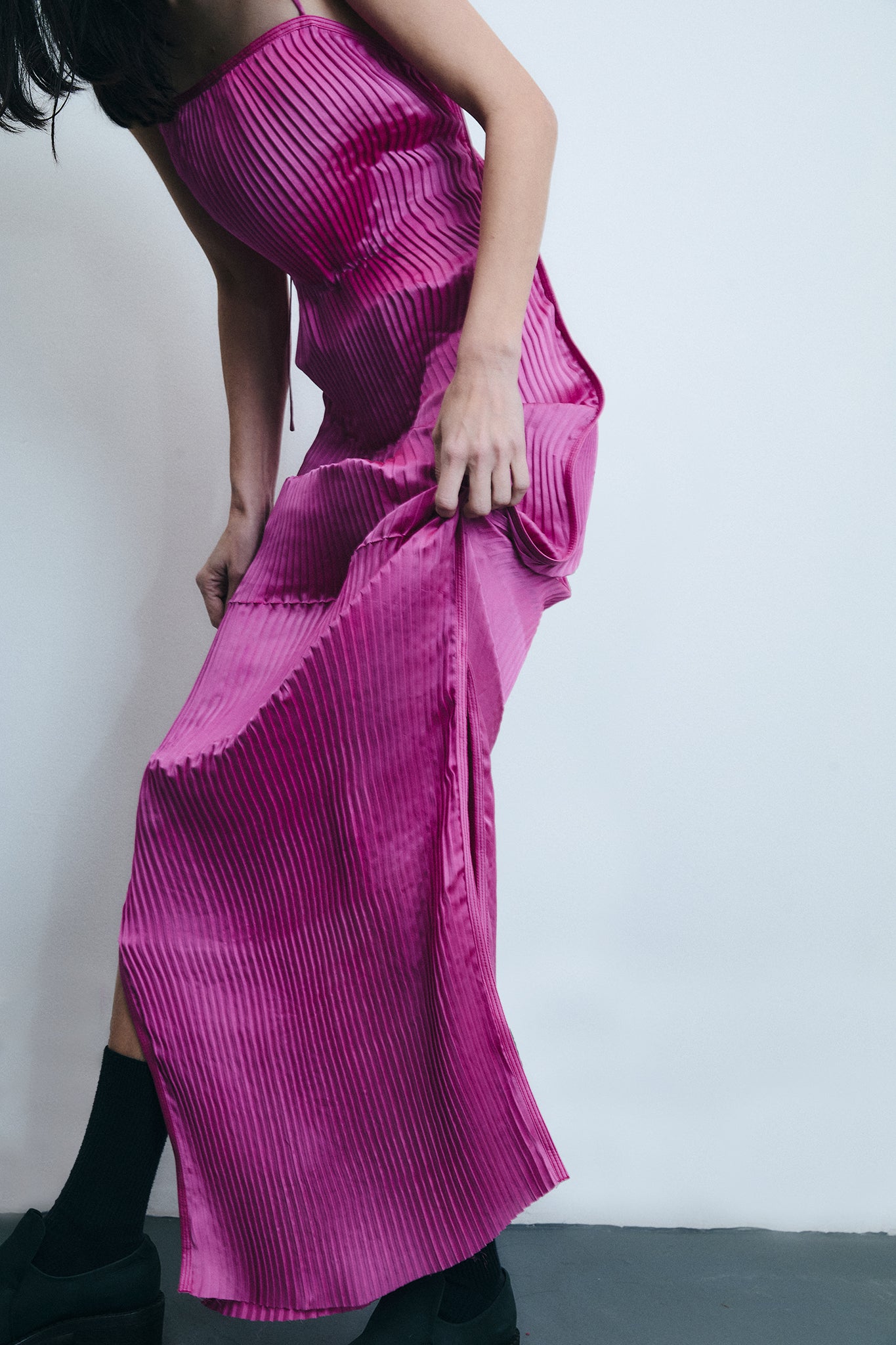 Vestido Plissado Sanfona em Seda - Rosa